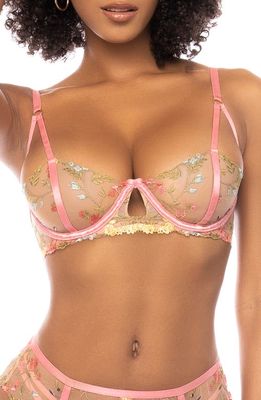 Mapale Floral Embroidered Balconette Bra, Thong & Garter Straps in Pink Garden 