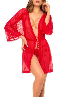 Mapale Lace Trim Mesh Robe in Red