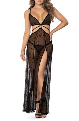 Mapale Long Mesh Nightgown & Thong Set in Black