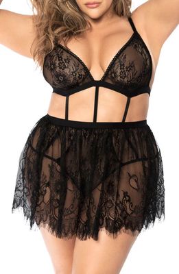 Mapale Strappy Teddy & Lace Skirt Set in Black