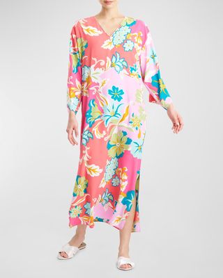Marbella Floral-Print Long-Sleeve Maxi Caftan Dress