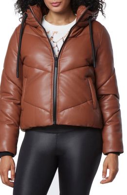 Marc New York Performance Hooded Faux Leather Puffer Jacket in Cognac