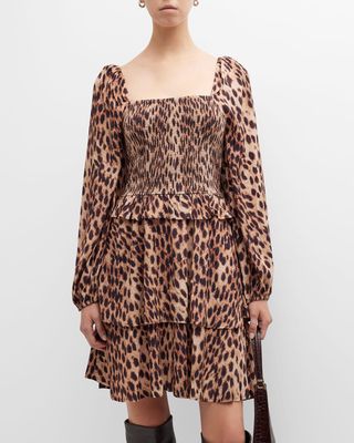 Marcella Leopard-Print Puff-Sleeve Tiered Mini Dress