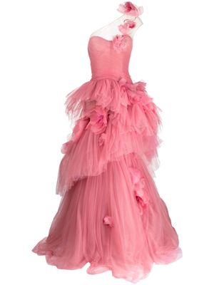 Marchesa floral-appliqué one-shoulder tulle gown - Pink