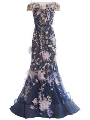 Marchesa floral-pattern off-shoulder gown - Blue