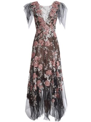 Marchesa floral-pattern V-neck gown - Black