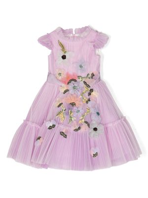 MARCHESA KIDS COUTURE floral-appliqué pleated gown - Purple