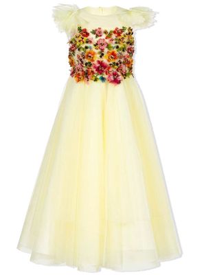 MARCHESA KIDS COUTURE floral-embroidered long tulle dress - Yellow