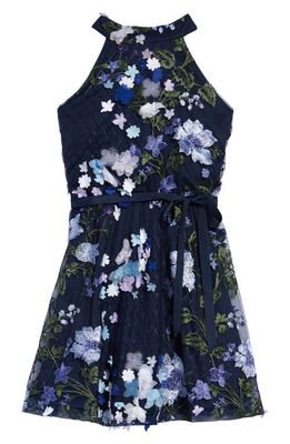 Marchesa Kids' Floral Embroidered Mesh Dress in Navy