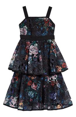 Marchesa Kids' Kira Floral Lace Tiered Dress in Black