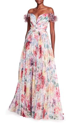 Marchesa Notte Aquarelle Floral Pleated Off the Shoulder Chiffon Gown in Ivory Multi