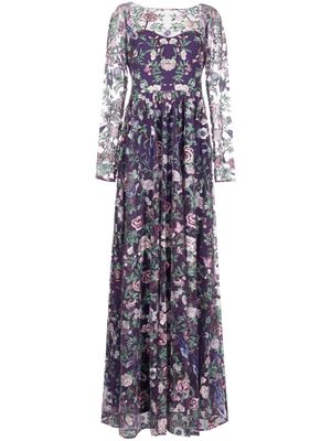 Marchesa Notte botanical-embroidery sheer-overlay gown - Purple