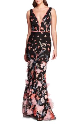 Marchesa Notte Butterfly Murmuring Embroidered Mermaid Gown in Black Multi