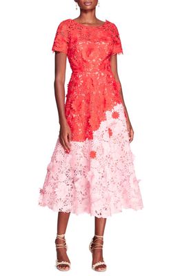 Marchesa Notte Daisies & Dahlia 3D Floral Guipure Lace Midi Dress in Red/Blush