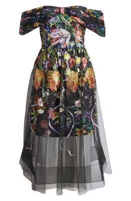 Marchesa Notte Embroidered Floral Off the Shoulder Midi Dress in Black Multi