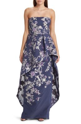 Marchesa Notte Embroidered Floral Strapless Gown in Navy