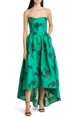 Marchesa Notte Embroidered Metallic Floral Strapless High-Low Gown in Emerald Combo