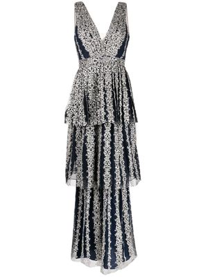Marchesa Notte filigree-embroidered tiered tulle gown - Blue