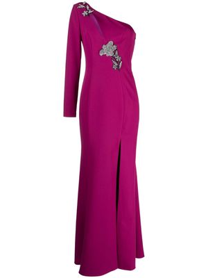 Marchesa Notte floral-appliqué asymmetric gown - Purple