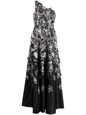 Marchesa Notte floral-appliqué one-shoulder dress - Black