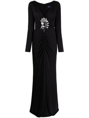 Marchesa Notte floral-appliqué ruched gown - Black