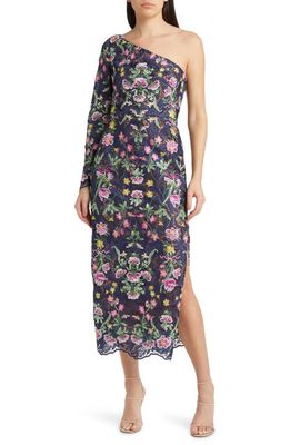 Marchesa Notte Floral Embroidered Long Sleeve One-Shoulder Dress in Navy