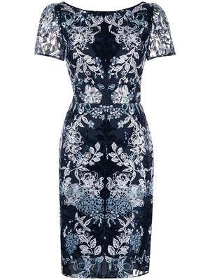 Marchesa Notte floral-embroidered mini dress - Blue