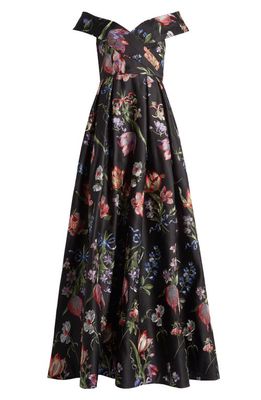 Marchesa Notte Floral Embroidered Off-the-Shoulder A-Line Gown in Black Multi