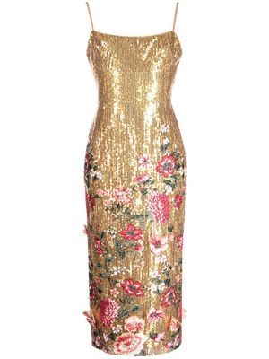 Marchesa Notte floral-embroidered sequinned dress - Gold