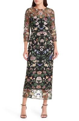Marchesa Notte Floral Embroidered Sheath Dress in Black Multi