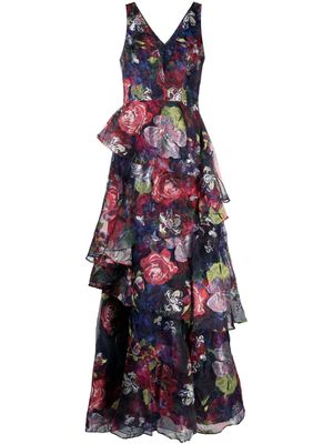 Marchesa Notte floral-embroidered V-neck maxi dress - Multicolour