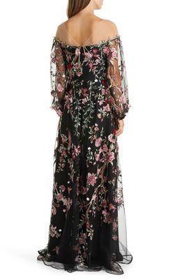 Marchesa Notte Floral Embroidery Long Sleeve Gown in Black Combo