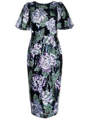 Marchesa Notte floral-embroidery round-neck midi dress - Blue
