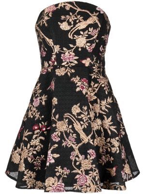 Marchesa Notte floral-embroidery strapless minidress - Black