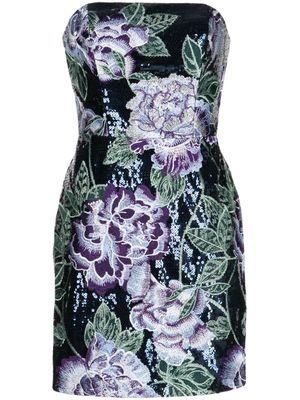Marchesa Notte floral-embroidery strapless minidress - Blue