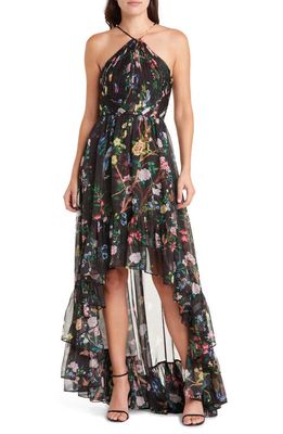 Marchesa Notte Floral Halter High-Low Cocktail Dress in Black Combo