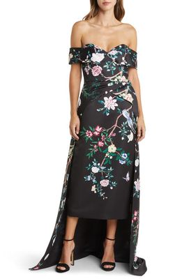 Marchesa Notte Floral Off the Shoulder High-Low Gown in Black Combo