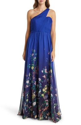 Marchesa Notte Floral One-Shoulder Gown in Indigo Combo