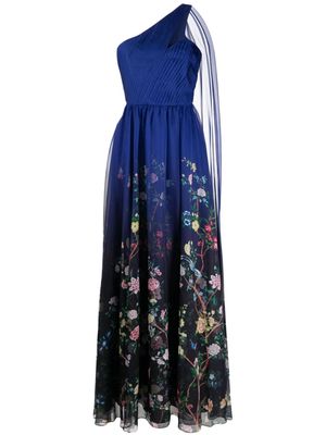 Marchesa Notte floral-print one-shoulder gown - Blue