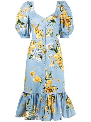 Marchesa Notte floral-print puff-sleeve midi dress - Multicolour