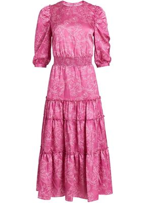 Marchesa Notte floral-print tiered dress - Pink