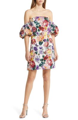 Marchesa Notte Floral Puff Sleeve Fil Coupé Cocktail Dress in Ivory Floral