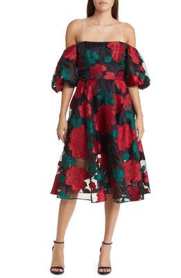 Marchesa Notte Floral Puff Sleeve Off the Shoulder Dress in Black Combo