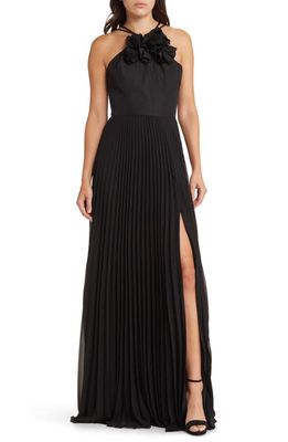 Marchesa Notte Flower Detail Pleated Gown in Black