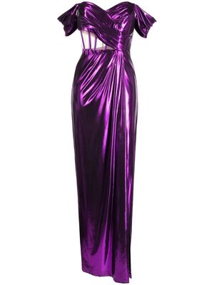 Marchesa Notte lamé-effect cut-out gown - Purple