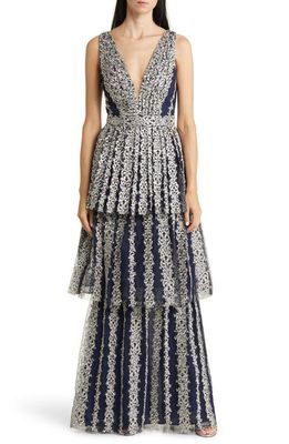 Marchesa Notte Metallic Embroidery Tiered Gown in Navy Gunmetal