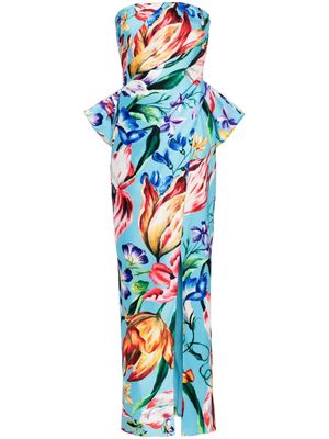 Marchesa Notte Mikado floral-print strapless gown - SKY BLUE MULTI