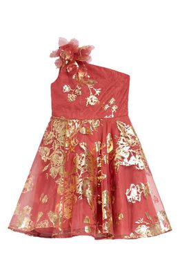 Marchesa Notte Mini Kids' Jackson Floral Foil One-Shoulder Dress in Coral