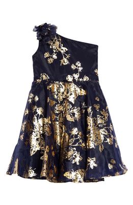 Marchesa Notte Mini Kids' Jackson Floral Foil One-Shoulder Dress in Navy