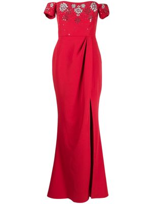 Marchesa Notte off-shoulder embellished gown - Red
